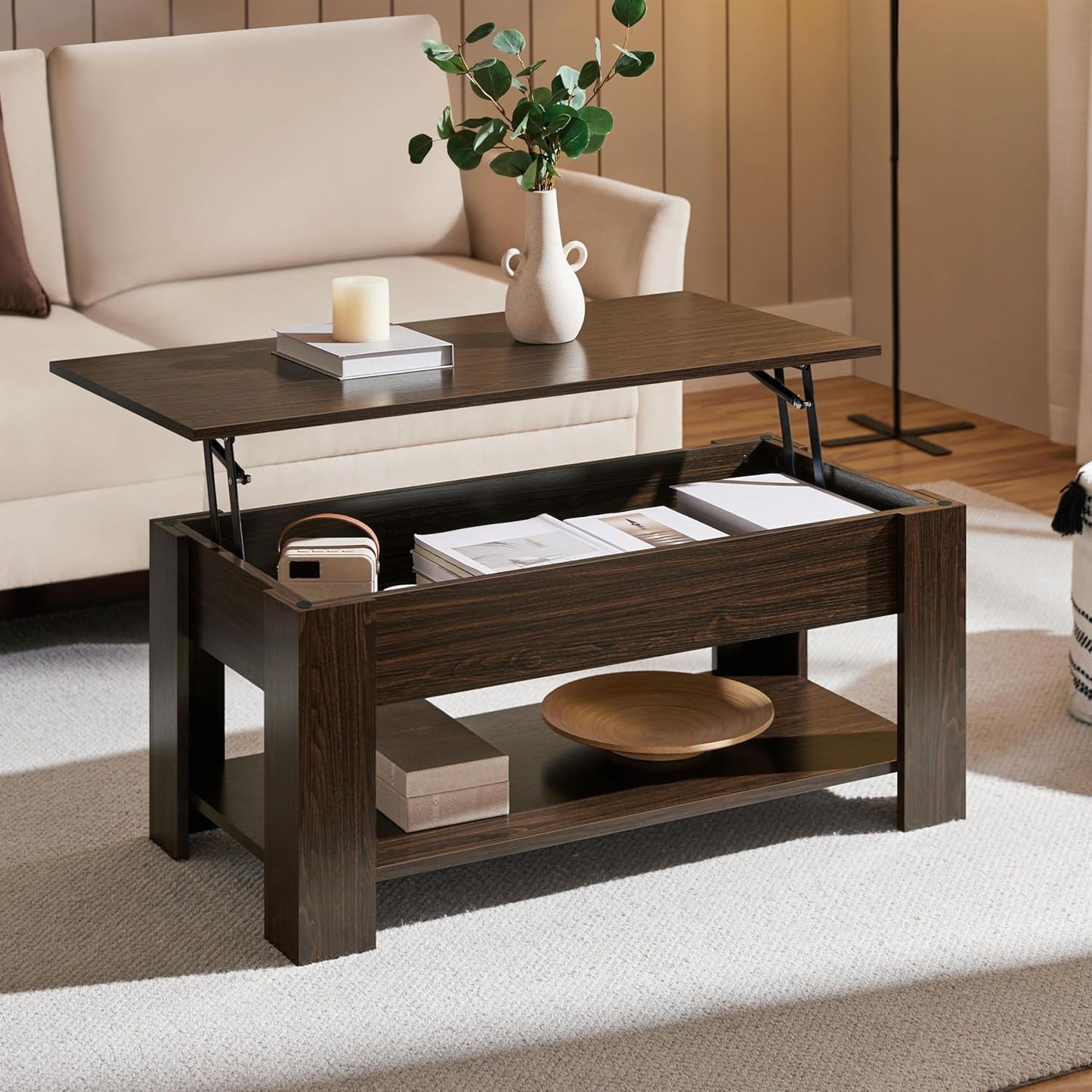 Yaheetech Salontafel met In Hoogte Verstelbaar Tafelblad - Verborgen Opbergruimte - Bruin - 98 x 50 x 42-56 cm