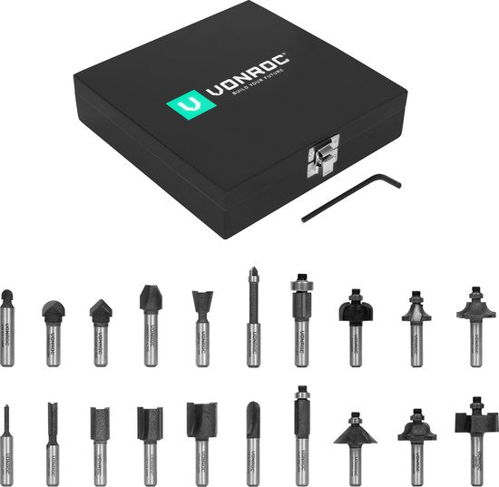 VONROC Freesset / Bovenfrezenset – Topkwaliteit YT9 staal – 8mm gereedschapsopname | 20 st. in luxe koffer