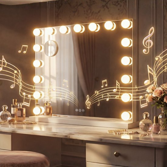 Bayt Hollywood Spiegel - Make up Spiegel - Spiegel - Hollywood Spiegel 80x60 - Dimbaar - 10x Vergroting - Met Verlichting en Bluetooth - USB aansluiting - 80x60 - Wit