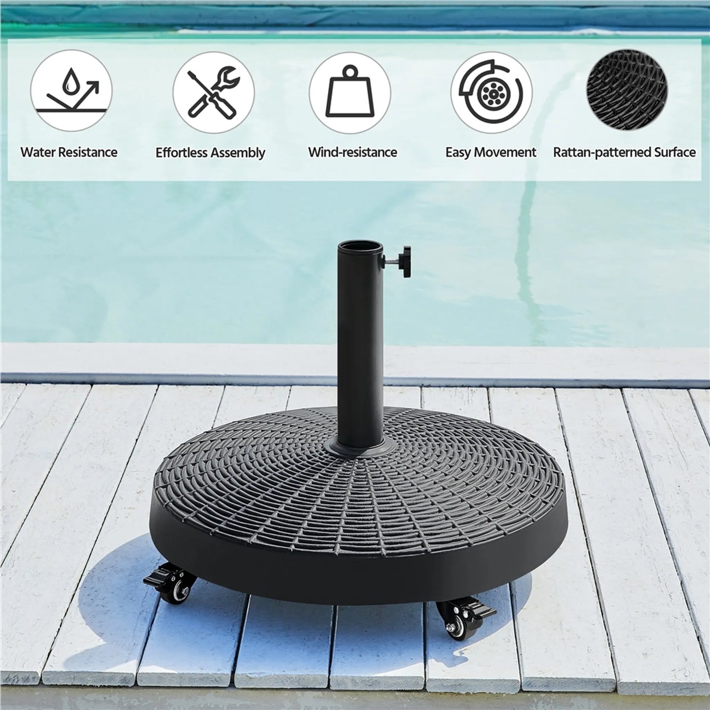 Yaheetech Parasolvoet Op Wielen 24 kg – Voorzien Van 4 Zwenkwielen Met Rem En Twee Adapters Voor Ø 38 mm En Ø 48 mm – Voor Terras En Tuin – Zwart Kunsthars En Metaal – 52 x 52 x 42 cm