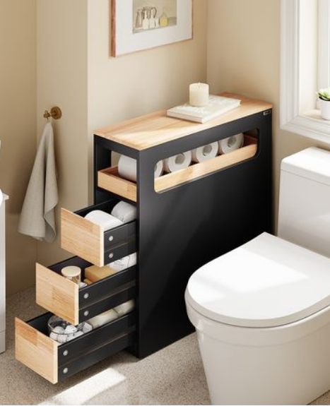 SoBuy Lage Badkamerkast met 4 Laden Zwart – 65 x 23 x 82 cm – BZR54-II-SCH