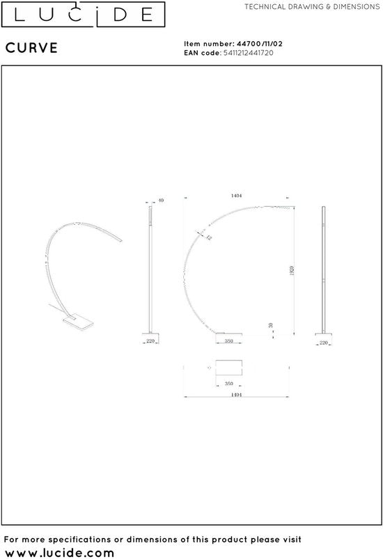 Lucide CURVE - Booglamp - LED Dimbaar - 1x15W 2700K - Mat Goud / Messing