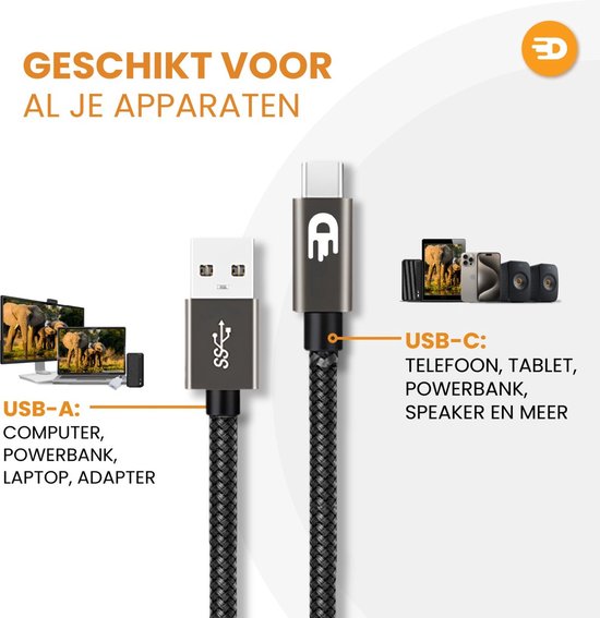 Drivv. USB naar USB C Kabel - Snellader - USB C Data en Oplaadkabel - Kort - 1 Meter - Geschikt voor Samsung, iPhone 15 & Meer - Modern Grey