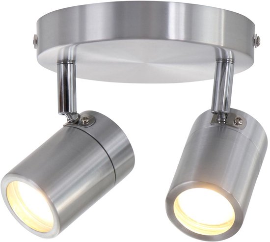 Staalkleurige 2-lichts spot Upround 2487ST - Draaibaar en kantelbaar - Modern design - Inclusief lichtbronnen - Mexlite - Geschikt voor binnen gebruik, IP44, max. diepte 15 cm