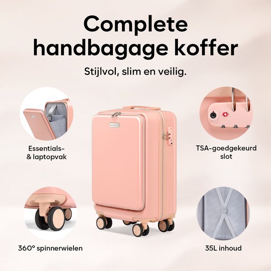 SC Handbagage Koffer 35L - Lichtgewicht Trolley - TSA-slot en Laptopvak - Reiskoffer met Handig Voorvak - 55 cm - Roze