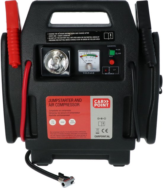 Carpoint Jumpstarter – 12 Volt – Met luchtcompressor - Piekvermogen 400A – Opladen met 230 Volt of 12 Volt adapter – Maximale druk compressor 18 BAR/260 PSI – Ingebouwde LED verlichting – Afmeting 365x345x175mm
