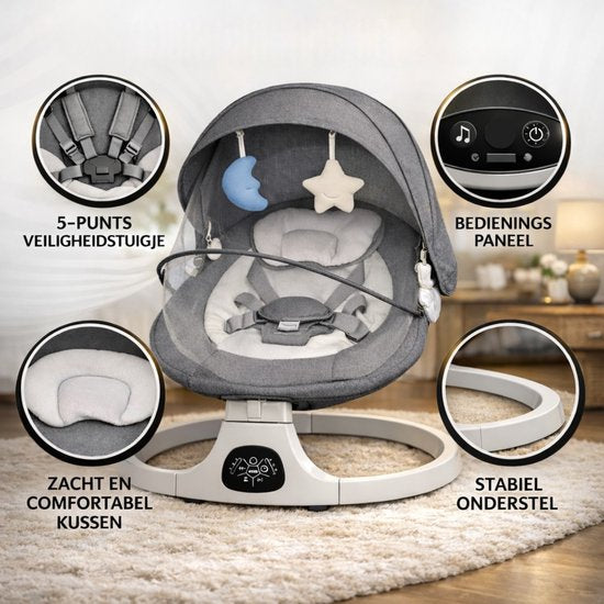 Oemmie Elektrische wipstoel - Baby swing - Schommelstoel baby - Baby wipstoel - Inclusief bluetoothfunctie en afstandsbediening - 5 Schommelstanden - Grijs