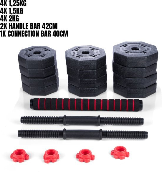 Umbro Halterset - 20 KG - Verstelbare Dumbells en Barbell - Gewichten van 1.25 KG, 1.5KG en 2KG - Kunststof