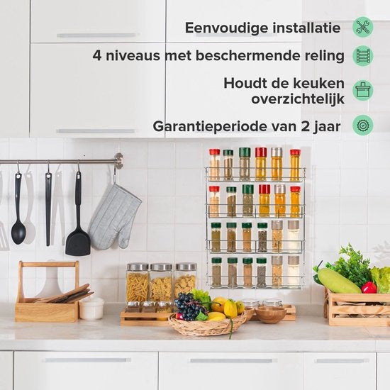 Kruidenrek Ophangbaar - voor 32 Kruidenpotjes - 4 etages Kruidenorganizer - 405x60x500mm - Metaal Chroom
