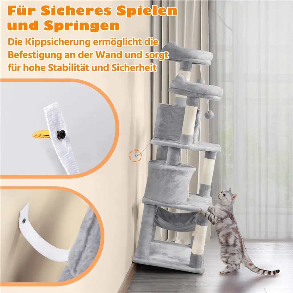 Yaheetech Krabpaal 158 cm - Lichtgrijs - Kattenboom met 2 Kattengrotten, Hangmat en Sisalpalen