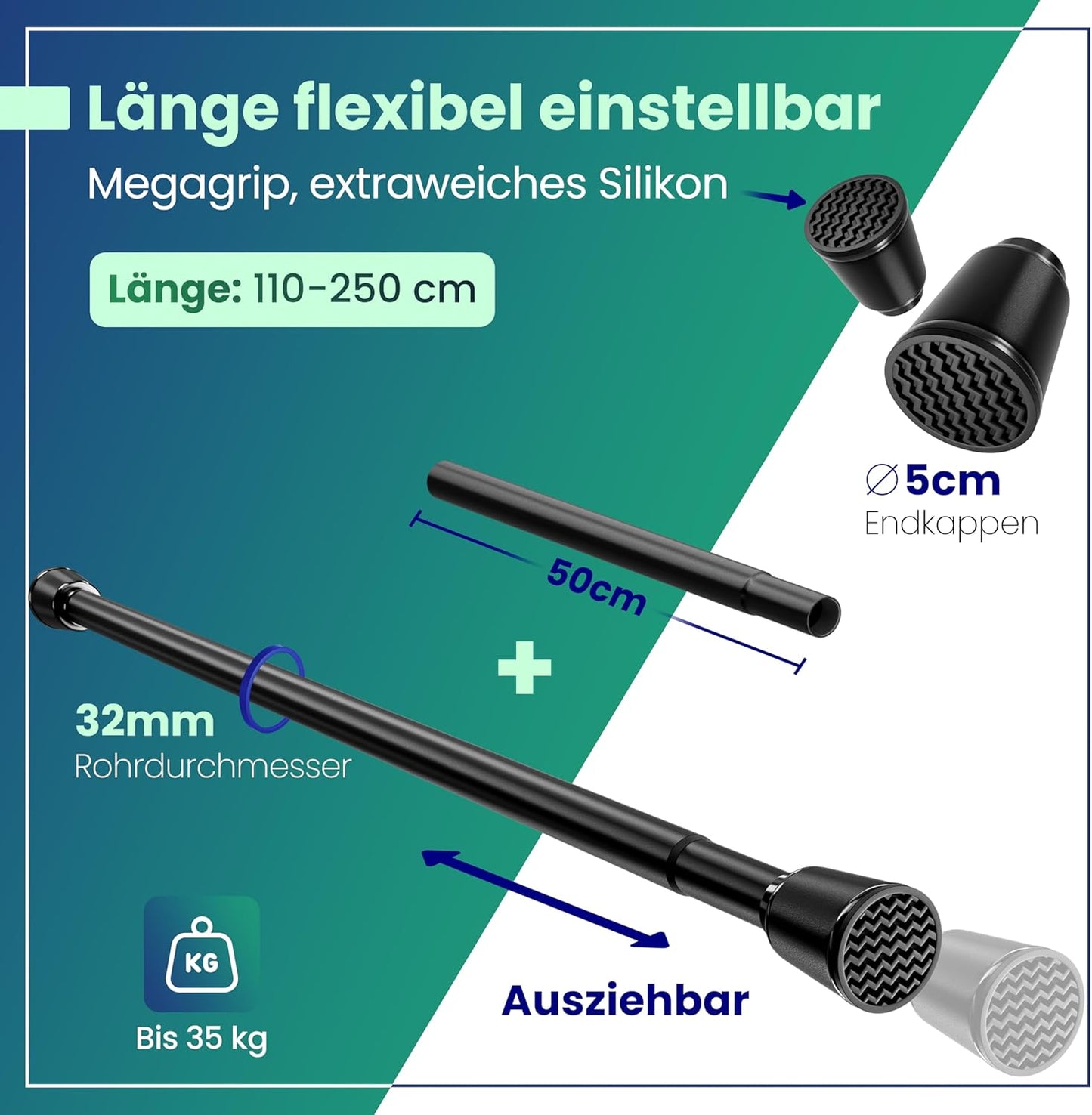 LOBUX® - Gordijnstang zonder boren [zwart, 110-250cm] - telescopische stang gordijn uitschuifbaar - douchestang zonder boren - gordijnstang, douchegordijnstang, kledingstang, klemstang kattennet