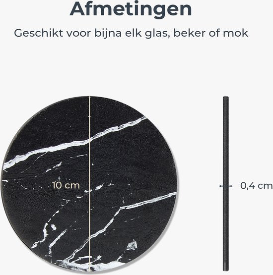 Castagnola Kunstlederen Onderzetters – Onderzetters voor Glazen – Design Onderzetters met Houder – Leren Onderzettersset – Leder – Set van 16 – Marmer look - Zwart/Wit