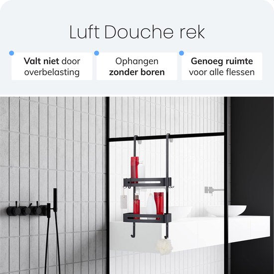 Doucherek - Telescopisch, hangend en ophangen zonder boren - 2 laags met haken - Zwart - Luft