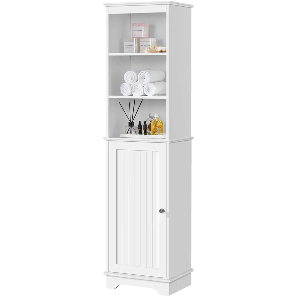 Yaheetech Badkamerkast 40 x 30 x 153 cm - Wit - Hoge Opbergkast met 3 Open Planken en Verstelbare Legplank