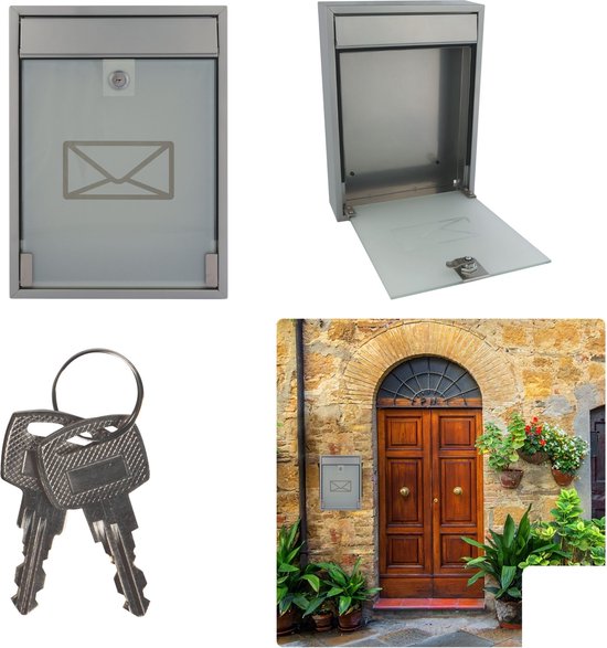 Perel Brievenbus met naamplaatje, Milan wandbrievenbus, wandmontage, met slot, deksel, afsluitbaar, incl. 2 sleutels, voorkant in matglas, 36 x 26 x 8 cm, zilvergrijs