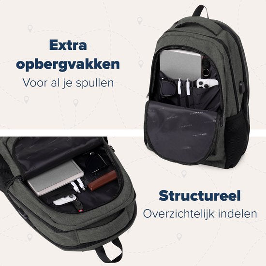 TRVLMORE Rugzak - 36L - 17 inch - Laptop Rugtas - Schooltas - Heren en Dames - Laptoptas - Spatwaterdicht Grijsgroen