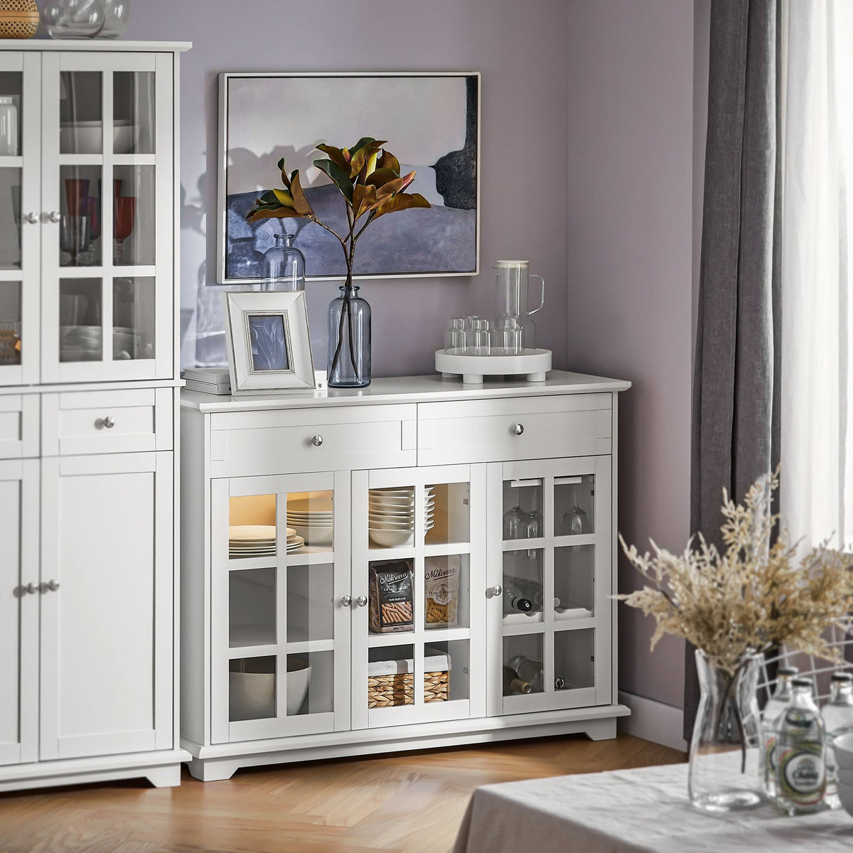 SoBuy Buffetkast met Glazen Deuren en Laden – Wit – 119×40×90 cm