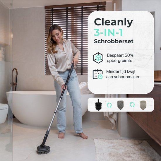 CLEANLY Schrobber met Steel 3 in 1 set - Schoonmaakborstel - Schuurborstel - Schrobber met Steel - Schrobborstel - Luiwagen - Verstelbaar 118-150cm - Zwart, Grijs