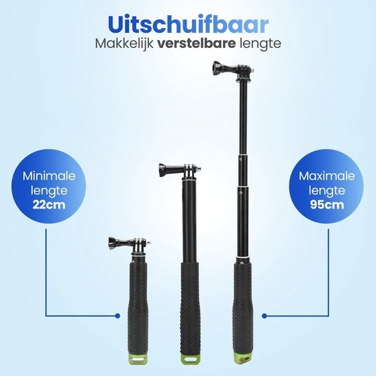 Garpex® Universele Selfiestick XL - Uitschuifbaar tot 95cm - Selfiestick - Geschikt voor diverse Actioncamera's - Selfiesticks - Waterproof - Groen
