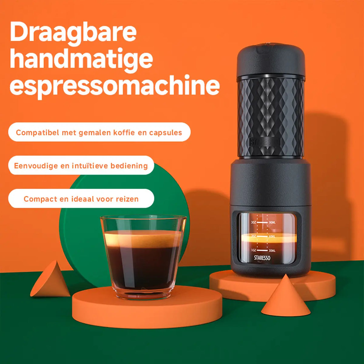STARESSO draagbare handmatige espressomachine - capsules en gemalen koffie