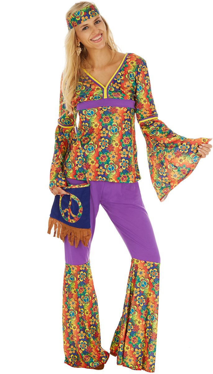 Dressforfun - Vrouwenkostuum Hippie - Kleurrijk Retro Kostuum met Broek & Bovendeel voor Carnaval & Feest - Maat S
