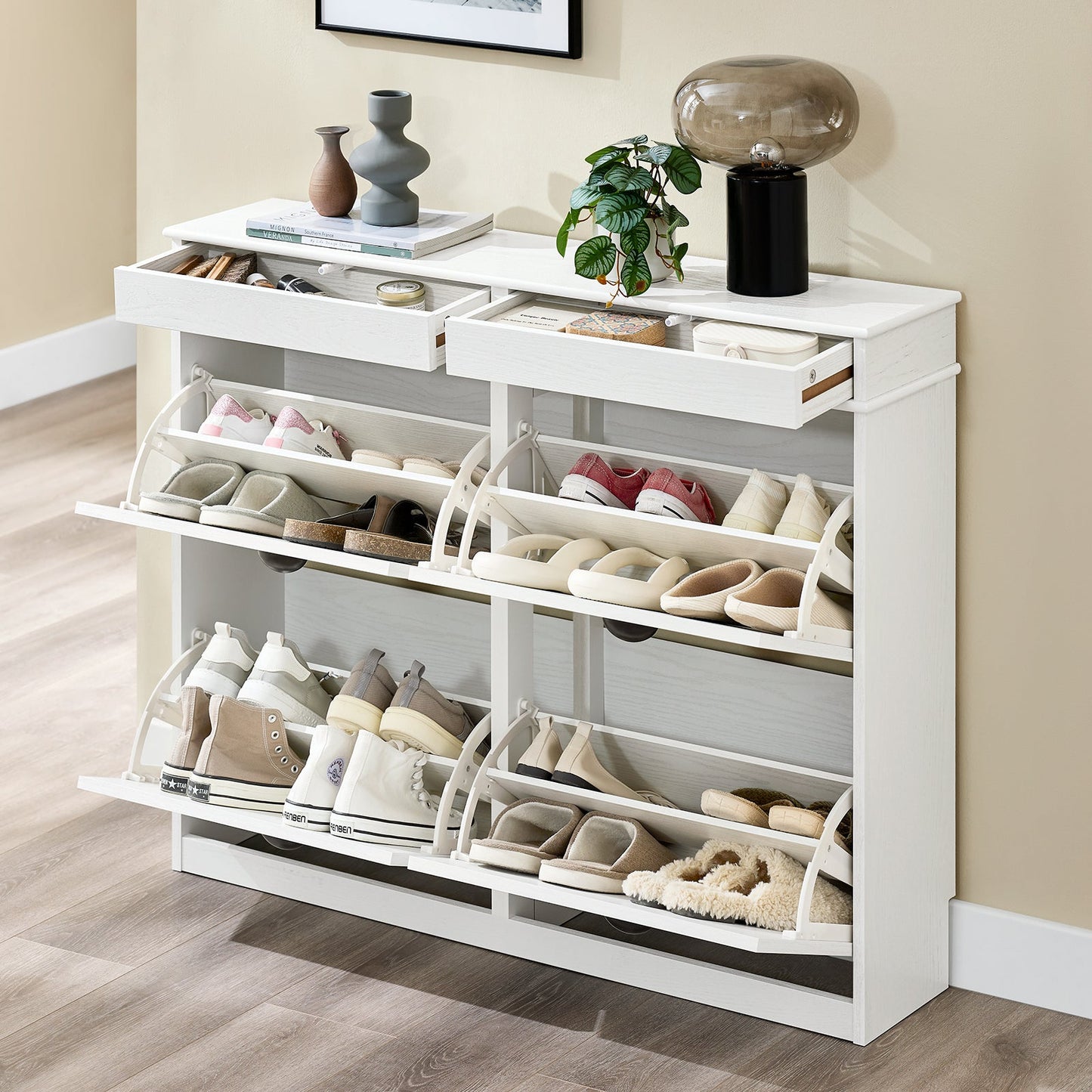 SoBuy Schoenenkast FSR79-WG – 4 kleppen – 103 x 23 x 82 cm – Wit met antiek houteffect – Schoenenrek voor 16 paar