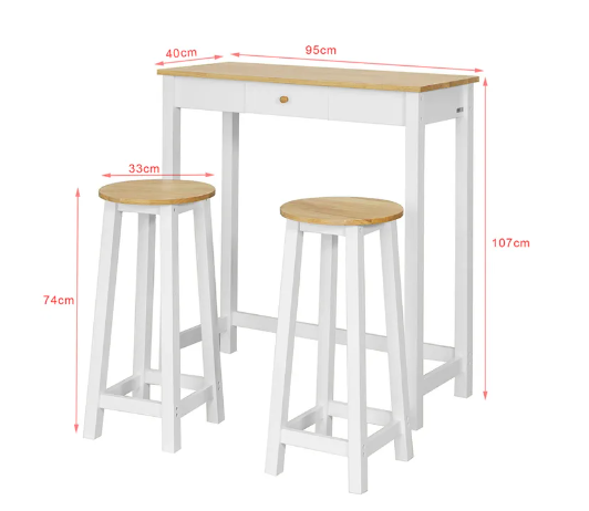 SoBuy Bartafel met 2 Barkrukken - Max. 90 kg per kruk - 95 x 40 x 107 cm - Wit/ Naturel