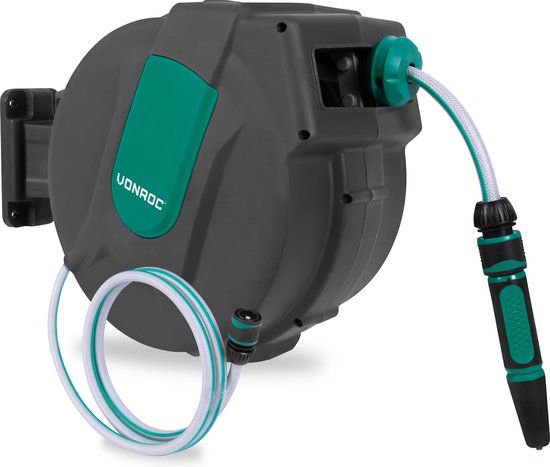 VONROC Wandslangenbox – Incl. 15m Slang, Spuitstuk & Oprolsysteem – Antraciet