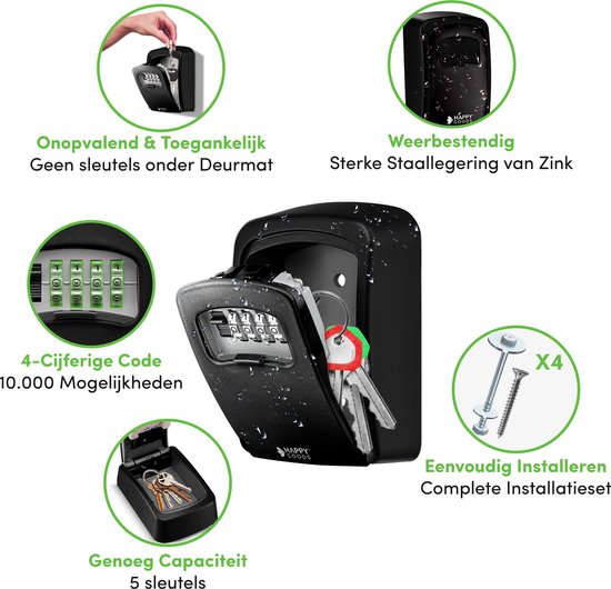 Happy Goods Sleutelkastje met Cijferslot - Zwart - Sleutelkast - Waterbestendig - Sleutelkastje Buiten met Code