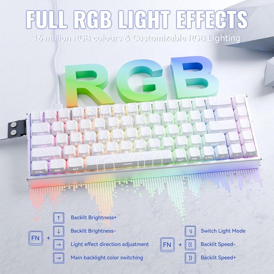 ATTACK SHARK X68MAX HE - Magnetische Schakelaar Bedraad Gaming Toetsenbord - CNC Aluminium - 68 toetsen - RGB - Zijde Gedrukte PBT Toetsen - Decoratieve Keycord - 8Khz - 0.005mmRT - 0.08ms - Witte Omtreklijn