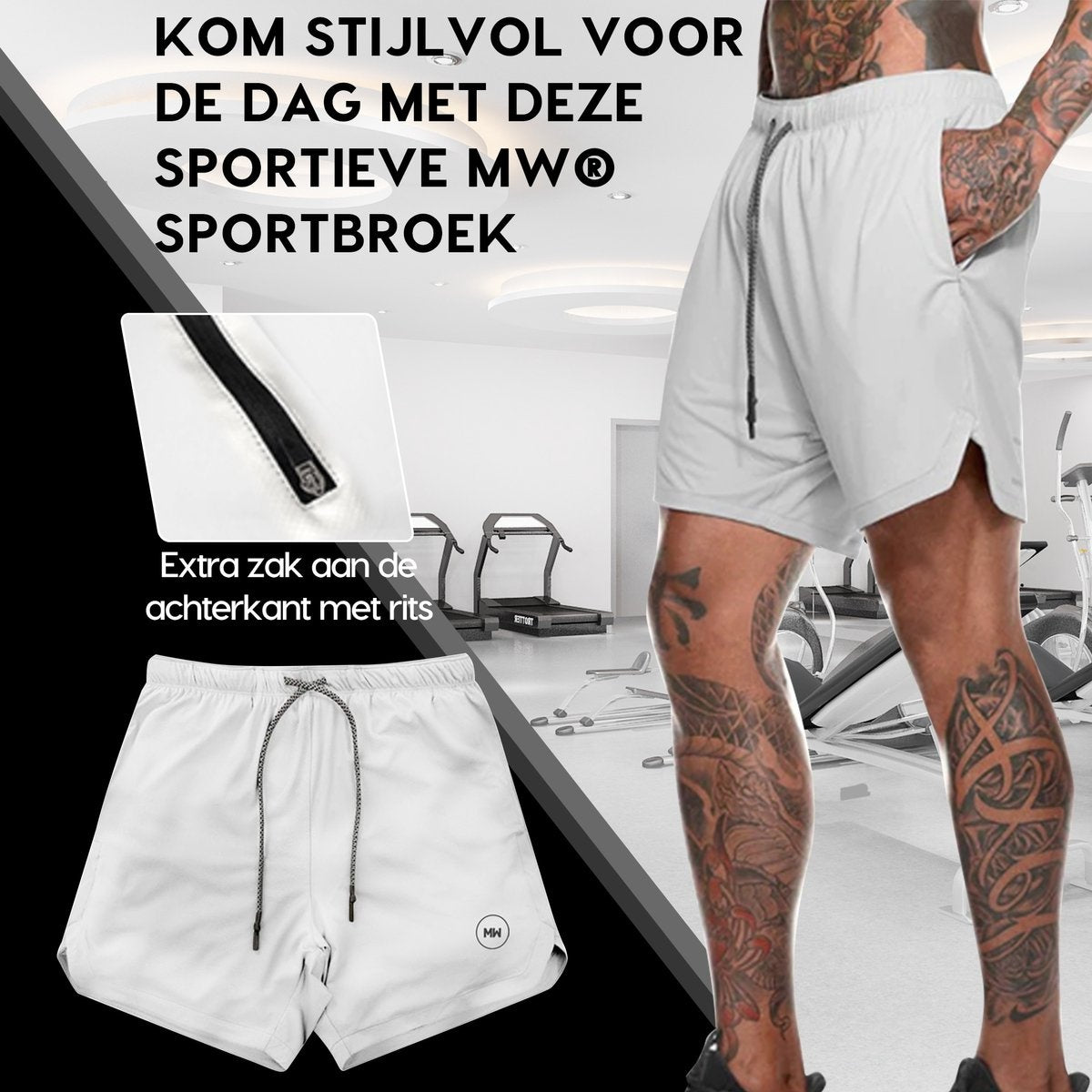MW® - Sportbroek Heren - Fitnessbroek - Sportkleding - 2 in 1 Shorts - Hardloopbroek (Grijs - S)