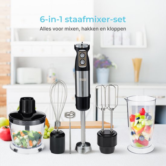 Goodforce 7 delige Staafmixer set – Inclusief Hakmolen, garde, melkopschuimer, klopper & Maatbeker – krachtig & vaatwasserbestendig – 12 snelheden + turbofunctie – 1000W – PFAS-vrij