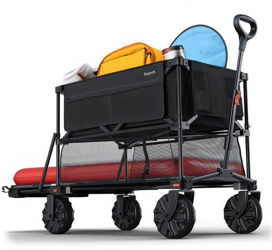 LifeGoods Dubbele Bolderkar - Opvouwbare Bolderwagen - 200KG - 400L - Uitklapbaar - Met Beschermhoes - Zwart