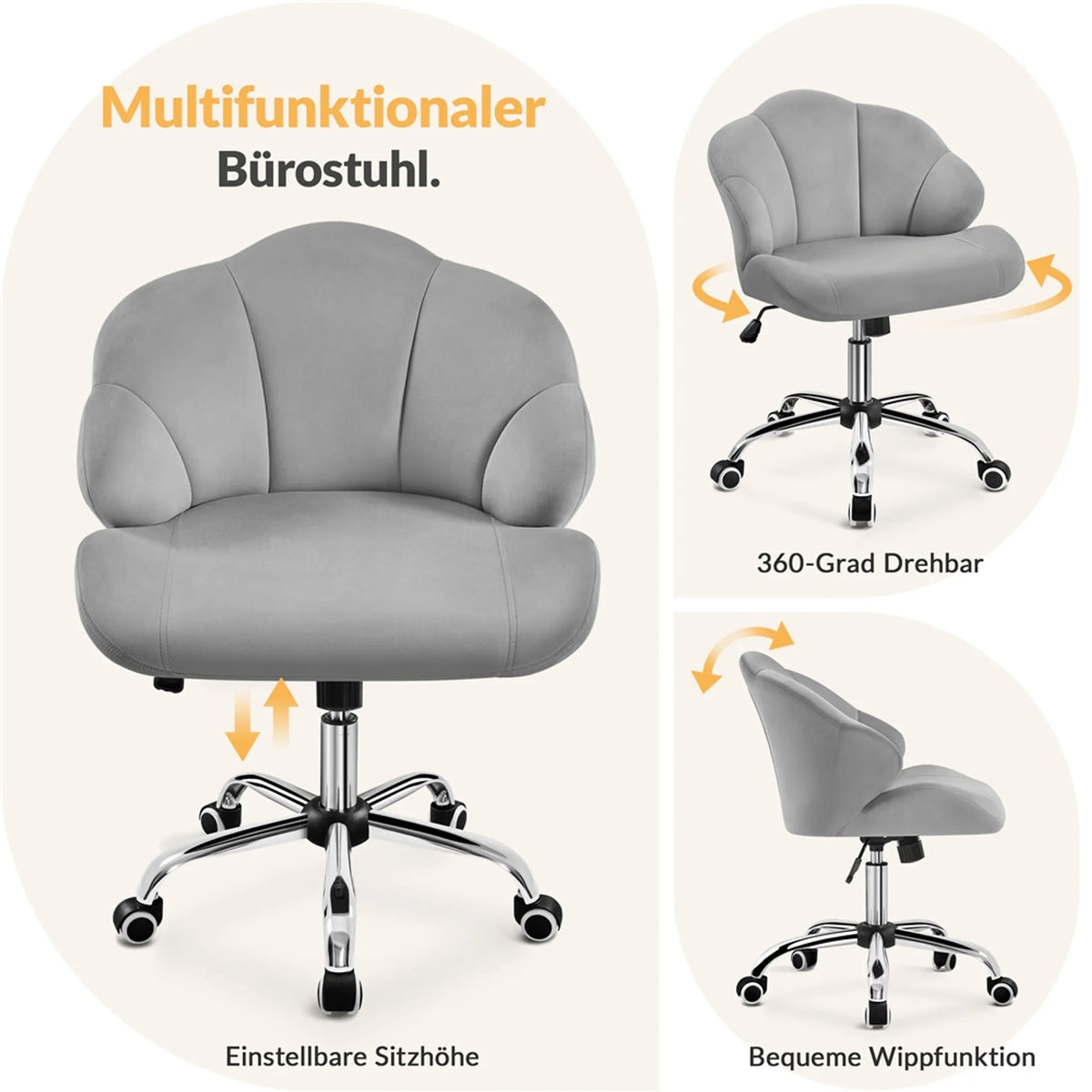Yaheetech Bureaustoel Schelpvormig – Voorzien Van Schommelfunctie En In Hoogte Verstelbare Gaslift En Gecapitonneerde Rugleuning – Voor Thuiskantoor En Slaapkamer – Wit Polyester En Metaal – 60 x 60 x 76,5-86 cm
