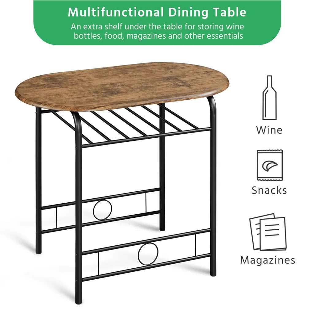 Yaheetech Eethoek 3-delig - Bruin - Eettafel met Opbergplank en 2 Stoelen voor 2 Personen