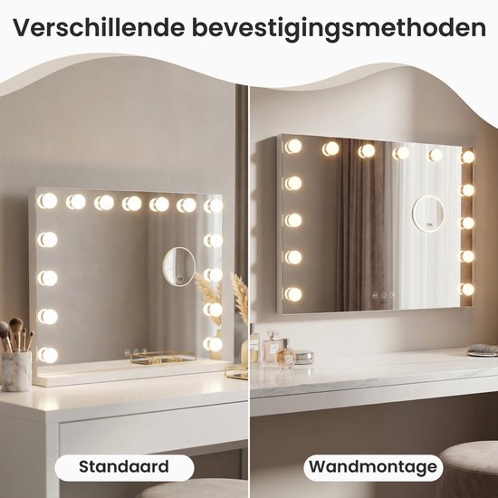 Bayt Hollywood Spiegel met verlichting - Make Up Spiegel met Verlichting - Spiegel Met Verlichting - Dimbaar - 10x Vergroting - 58x46cm - Wit