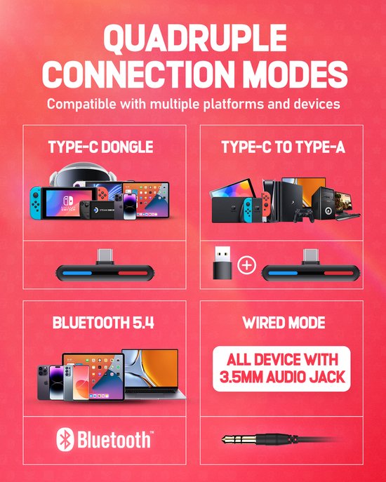 Kofire × CINPUSEN CG-01 - Draadloze Gaming Headset - Over ear koptelefoon - Met microfoon - PC/PS4/PS5/Nintendo Switch - Blauw rood