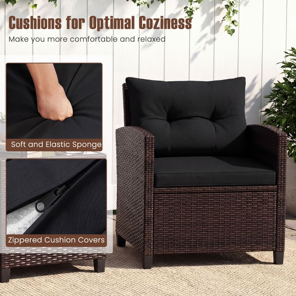 Coast 3-delige tuinset - rotan bistroset met 2 stoelen en tafel - gehard glas en kussens - zwart