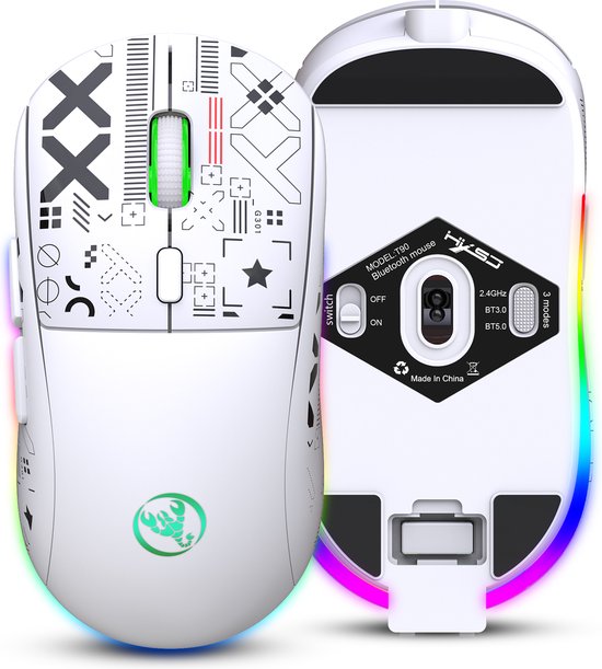 HXSJ T90 2.4G Stille Draadloze Gaming Muis - Bluetooth - Computermuizen - Ultra licht - RGB Verlichting - Wit