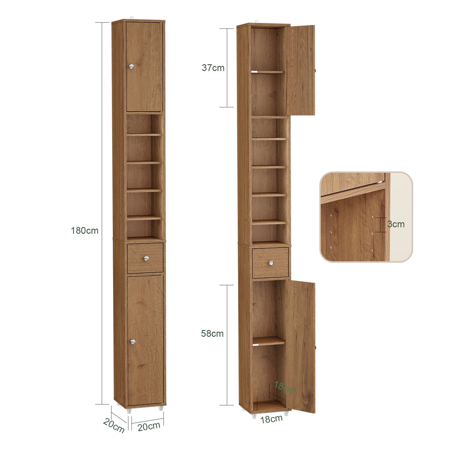 SoBuy BZR34-II-PF Hoge Badkamerkast Vrijstaand Compact - Naturel Hout - 20x20x180 cm