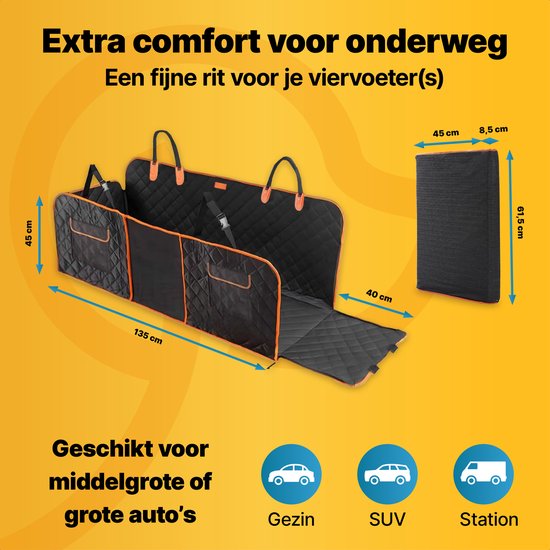 Jake en Jacky Hondendeken XXL Met Achterbankverlenger - Autodeken Hond Met Harde Bodem - Beschermhoes Auto - Hondenkleed - Inclusief Autoriem & Opbergtas