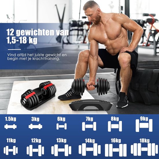 DH FitLife Verstelbare Dumbbell - 1,5 tot 18 kg - 12-in-1 Gewichtsverstelling - Ruimtebesparend - Voor Krachttraining Thuis