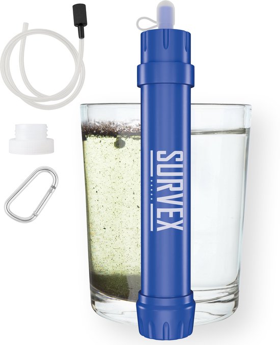 SURVEX Personal Water Filter Straw XL 4000L – Uniek KDF-55 filter – Waterfilter Survival & Outdoor – BPA-vrij – Noodpakket voor Thuis – Complete Set Waterzuiveringsapparaat – Drinkfles Waterzuivering Outdoor – Overlevingspakket – Blauw