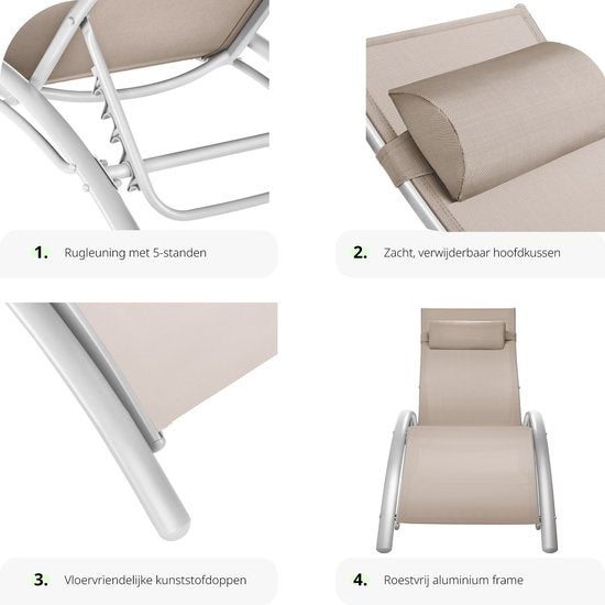 tectake® set van 2 tuinstoelen ligstoelen - aluminium ligbedden - weerbestendig - ideaal voor tuin - balkon - terras - inclusief hoofdkussen - 5-voudig verstelbare rugleuning - beige