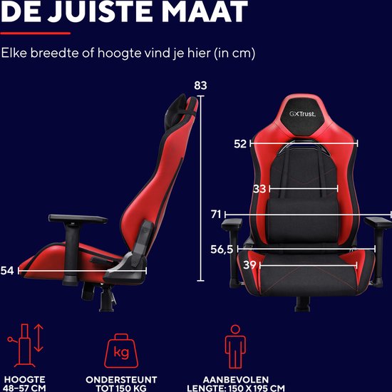 Trust GXT 714R Ruya - Ergonomische Gamestoel - 3D-armleuningen - Ademende Stof en PU-leer - Tot 150 kg - Rood