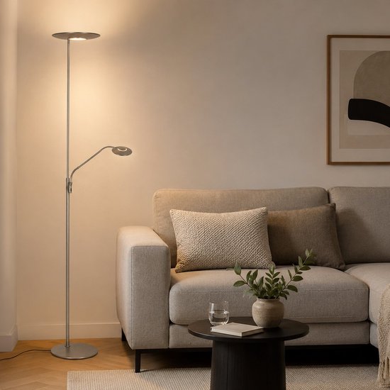 Vloerlamp Zenith 2 4394ST staal met uplight en leesarm - Steinhauer Exclusive, modern design, draaibaar en kantelbaar, 4940 lumen verlichtingskracht, verstelbare kleurtemperatuur van 2200 tot 4000 Kelvin