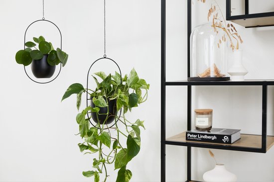 Lifa Living Moderne Plantenhangers - Set van 2 - Zwarte Plantenhouders - Metalen Hangende Bloempot - Bloemenhanger voor Binnen - 21 x 15 x 38 cm