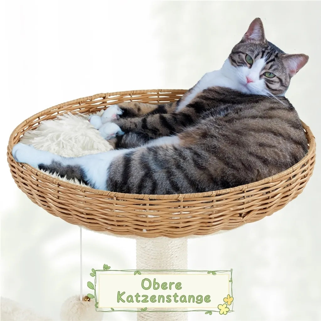 Yaheetech Krabpaal 137,5 cm Rattan met Kattenhuis, Beige