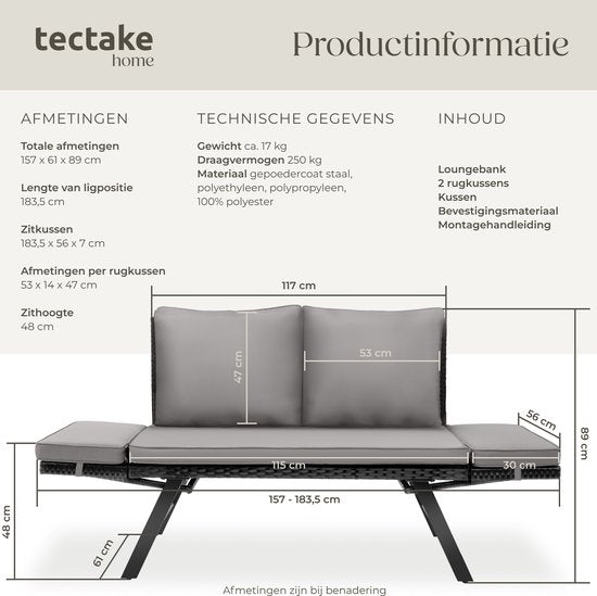 tectake® 2-in-1 Wicker Tuinbank Sintra - Verstelbare Leuningen - Tuinset - Ligbed - Balkon Loungebank - Incl. Kussens - Outdoor Loungesofa - UV- en Weerbestendig Zonnebed - Lichtgrijs/Zwart