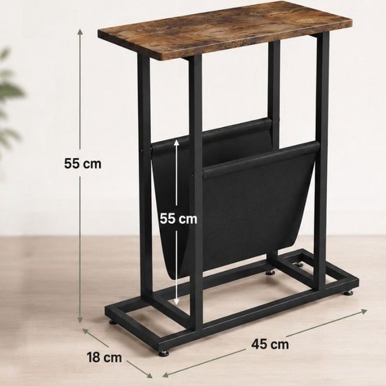 Ceruzo Bijzettafel met Tijdschriftenhouder – Smal – Zwart Bruin - H55 cm